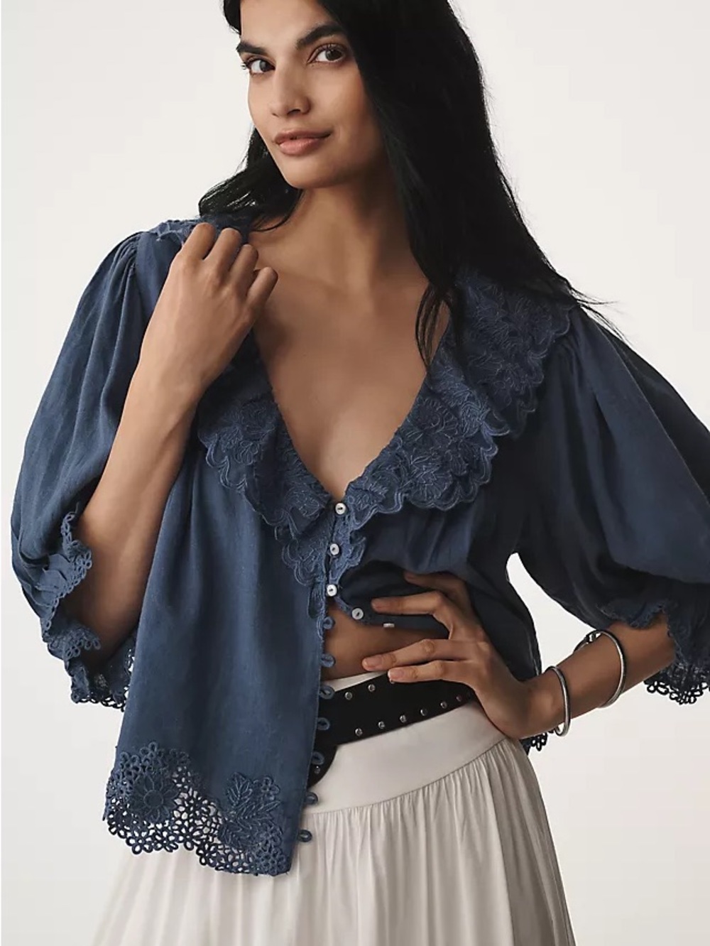 By Anthropologie Lace-Trim Button Front Peasant Sleeves Top - Blue Size Small